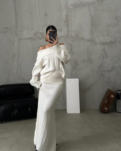 Winter Knitted Two Piece Set for Women Elegant Off Shoulder Sweater Pullover Top Slim Skirt Suit Fashion Office Ladies Outfits eprolo