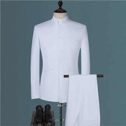 Mens Suits Set (Jacket+Pants+Vest) Stand Collar Chinese Style Slim Fit Suits 3 Piece Wedding Men Clothing - Shello's Creative Boutique