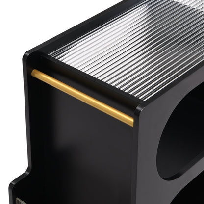 Stylish mobile desk with lockable wheels,bedside table with 5mm thick grooved tempered glass and gold round bars ，black eprolo