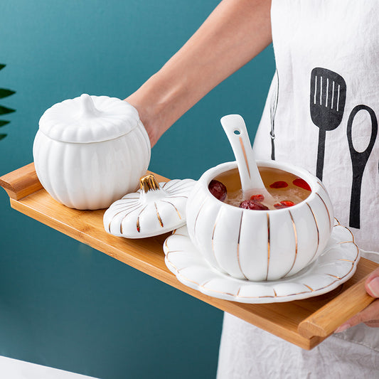 Creative Ceramic Pumpkin Cup, Steamed Egg Cup, Stewed Pot with Cover, Pure White Mini Bird's Nest Cup, Soup Cup eprolo