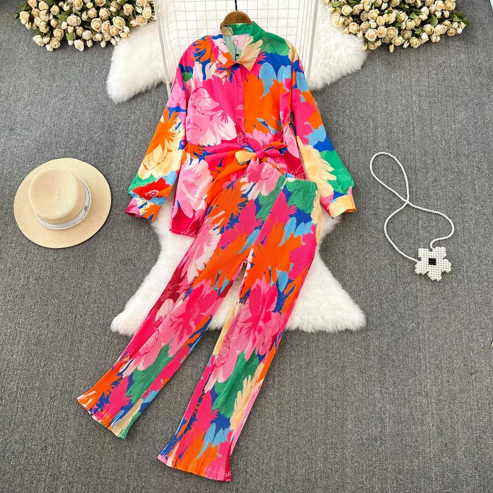 Spring Women Sleepwear Casual Loose Tie-dyed Trousers Suit Long Sleeve Shirts Blouses Wide Leg Pant Female Pajamas 2 Pieces - Shello's Creative Boutique