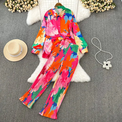 Spring Women Sleepwear Casual Loose Tie-dyed Trousers Suit Long Sleeve Shirts Blouses Wide Leg Pant Female Pajamas 2 Pieces - Shello's Creative Boutique