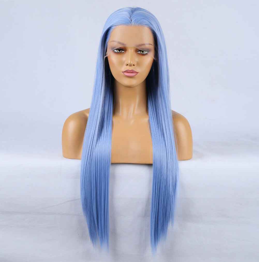 Fashion Hand Ditch 13 x 2.5 Synthetic Front Lace Blue False Long Hair Natural Hairline Wig