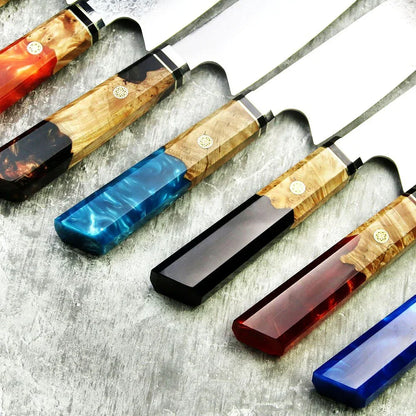 Amberknife 8-Inch Kiritsuke Knife – 67 Layers VG10 Damascus Steel with Stabilized Wood Handle - Shello's Creative Boutique