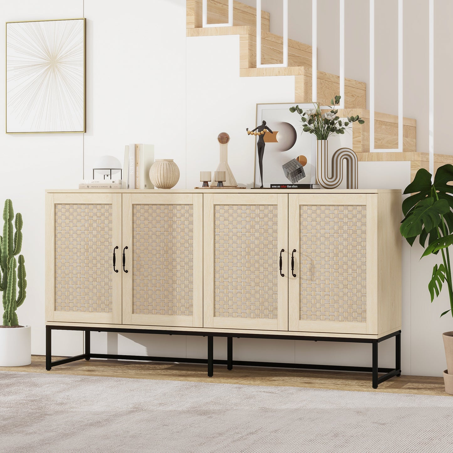 Luxury Rattan 4-Door Storage Cabinet - Large Sideboard Buffet with Elegant Design