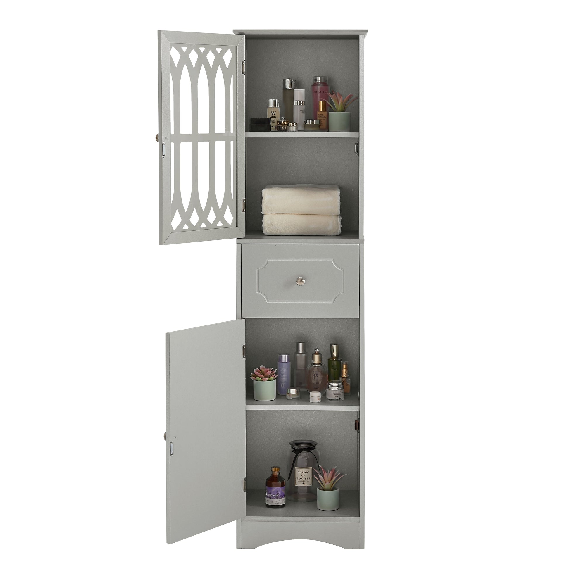 Tall Bathroom Cabinet, Freestanding Storage Cabinet with Drawer and Doors, MDF Board, Acrylic Door, Adjustable Shelf, Grey eprolo
