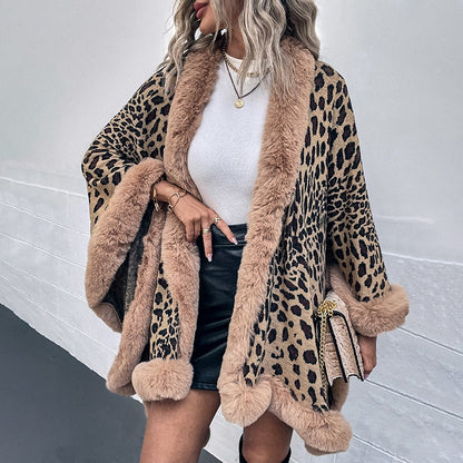 Autumn and Winter Wool Collar Cape Cardigan Leopard Cape Sweater Women eprolo