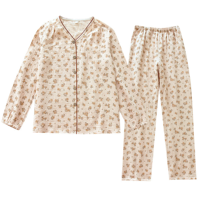 New crepe pajamas spring and summer pure cotton gauze home wear retro small flower long sleeved pants set cardigan style eprolo