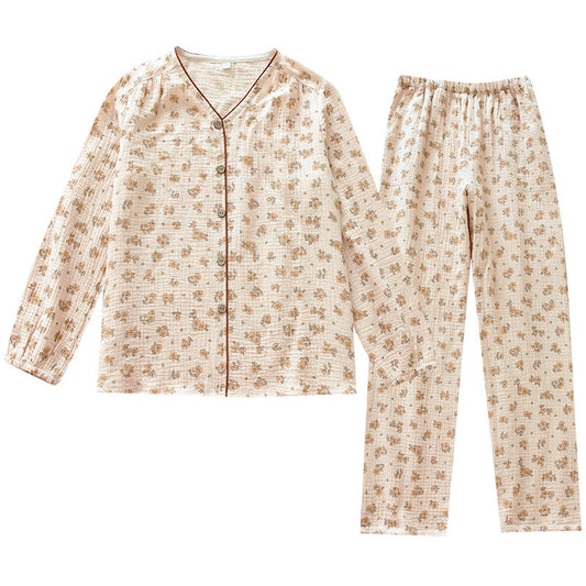 New crepe pajamas spring and summer pure cotton gauze home wear retro small flower long sleeved pants set cardigan style eprolo