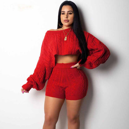 2 Two Piece Set Women Clothes Autumn Winter Outfits Long Sleeve Knit Sweater Tops+Bodycon Shorts Suit Sexy Matching Sets eprolo