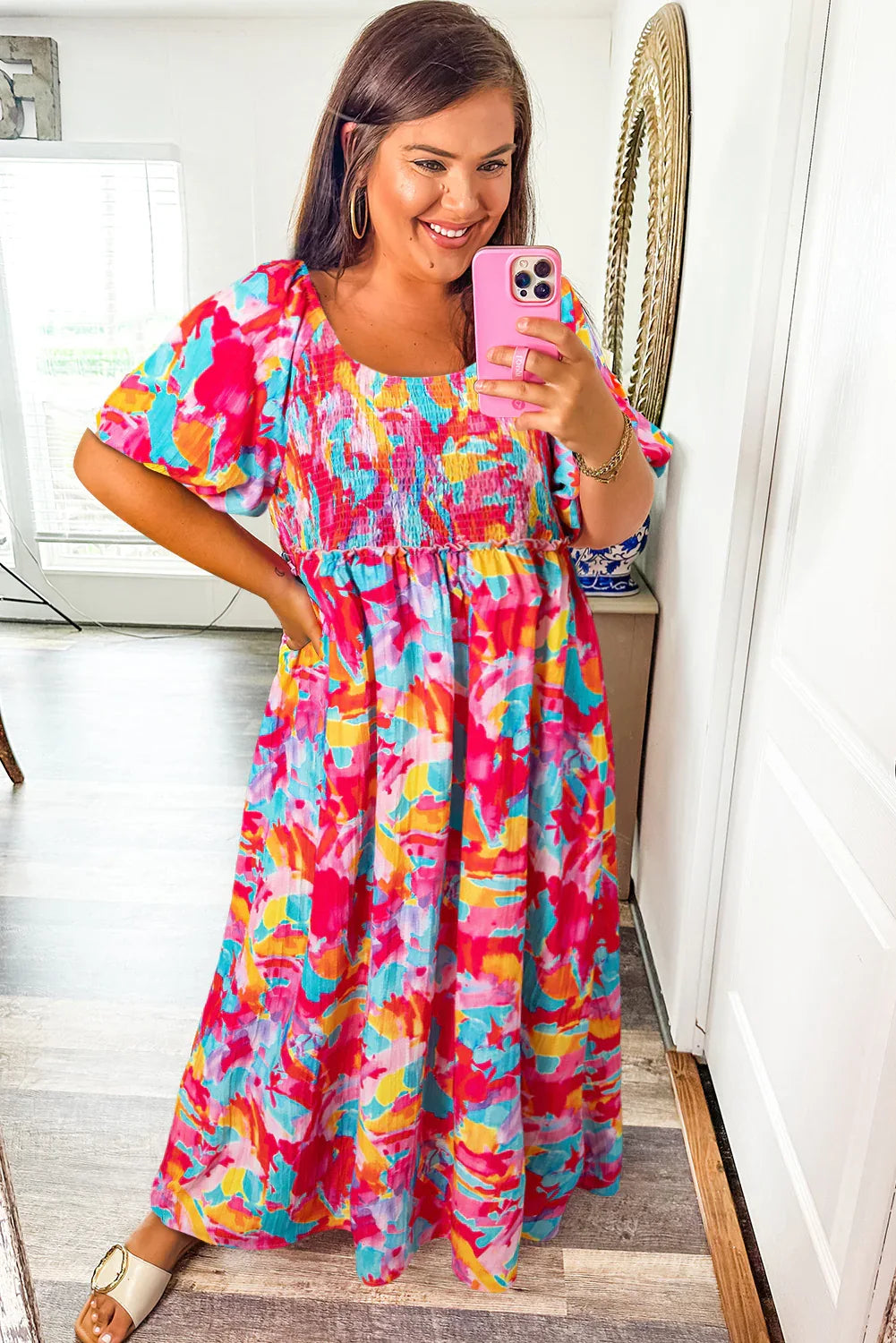 Rose Abstract Print Puff Sleeve Backless Smocked Plus Size Dress - Shello's Creative Boutique