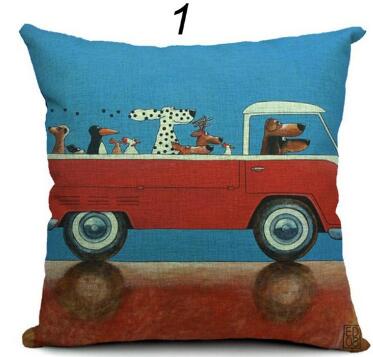 Pillow Lovely Cartoon Dog Driving Car Vintage Almofadas 45X45CM Linen Pillow Decorative Linen Cushion Cover Shello Creative Boutique