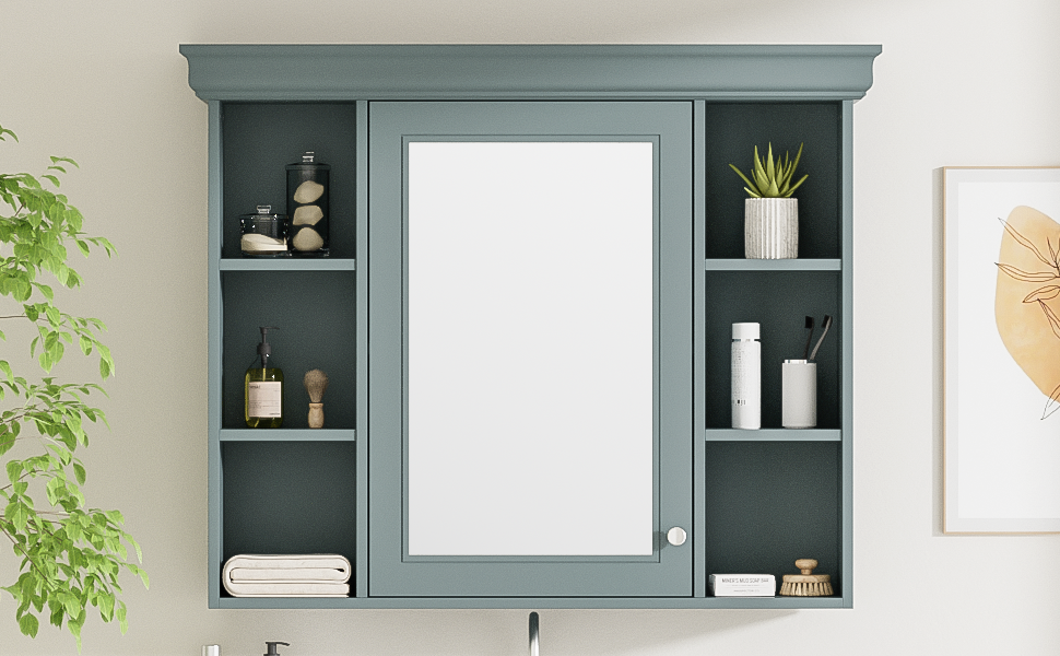 35 ''x 28' 'blue wall mounted bathroom storage cabinet with mirror door and medication cabinet with 6 open shelves eprolo
