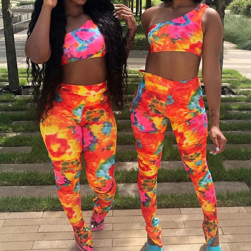 Sexy Ladies Fashion Print One Shoulder Sleeveless Vest Tights Set Two Piece Set - Shello's Creative Boutique