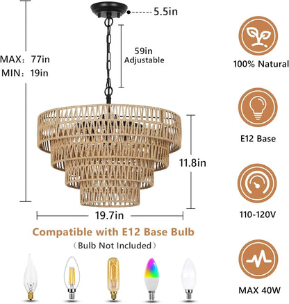 6-Light Dining Room Light Fixture, Wicker Pendant Lighting with 4-Tier Woven Lampshade, Large Farmhouse Chandeliers (20") - Shello's Creative Boutique