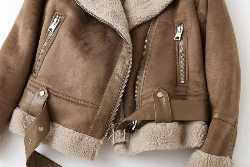 Winter Women Faux Shearling Sheepskin Leather Fur Jackets Lady Thick Warm Suede Lambs Wool Short Motorcycle Brown Coats - Shello's Creative Boutique