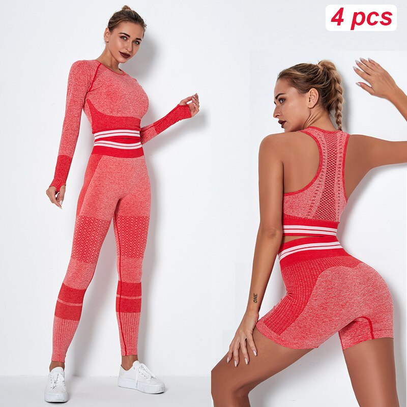 4Pcs Women Vital Seamless Yoga Set Sports Bra+Crop Top Shirts+Shorts+High Waist Leggings Gym Clothing Sports Wear For Women Shello Creative Boutique