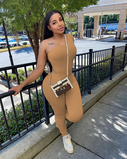 Women Spring Solid Color Long Sleeve One Shoulder Two Piece Set Solid Color Suit eprolo