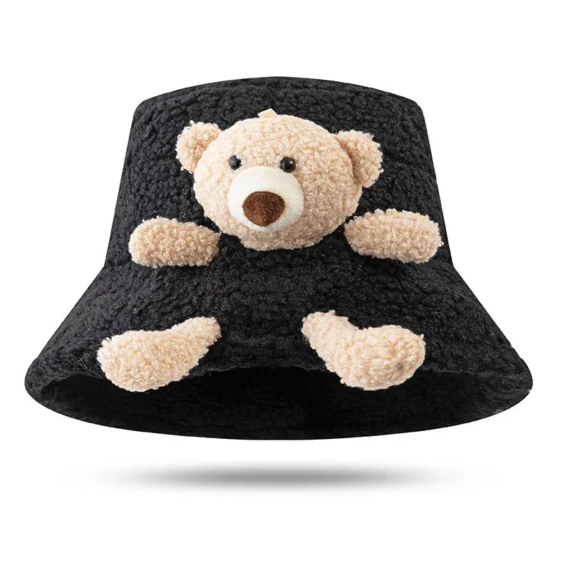 Winter Warm Bucket Hat 3D Stuffed Teddy Bear Wide Brim Autumn Plush Fisherman Hat for Adults Children Cute Bear Basin Hat - Shello's Creative Boutique