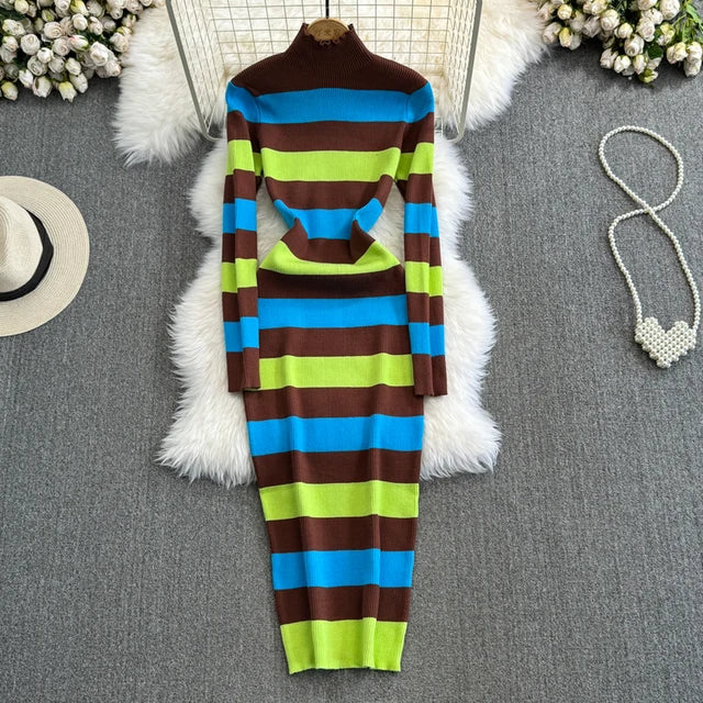 Women Temperament High Waist Knit Wrap Buttocks Dresses Stand Collar Long Sleeve Stripe Vestidos Autumn Winter eprolo