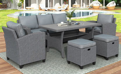 TOPMAX 6-piece outdoor rattan wicker set chair, stool, and table (gray rattan+gray mat) eprolo