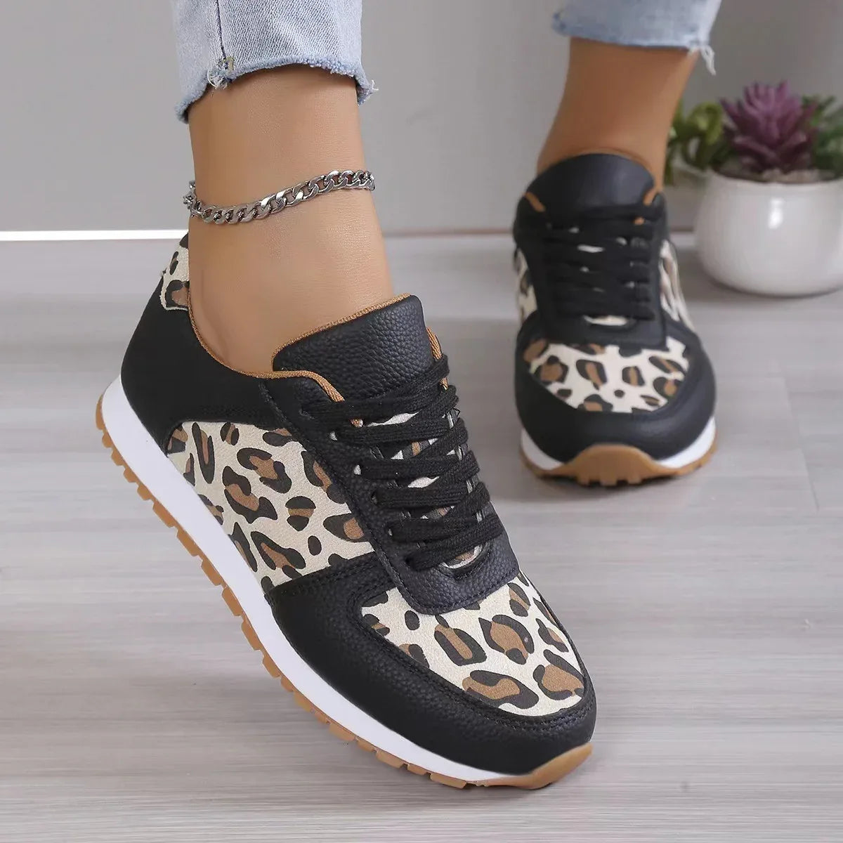 Thick-Soled Leopard Print Lace-up Casual Sports Shoes for Women - Shello's Creative Boutique