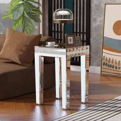 ON-TRANS glass mirror edge table, easy to assemble crystal design and adjustable height leg edge table, silver - Shello's Creative Boutique