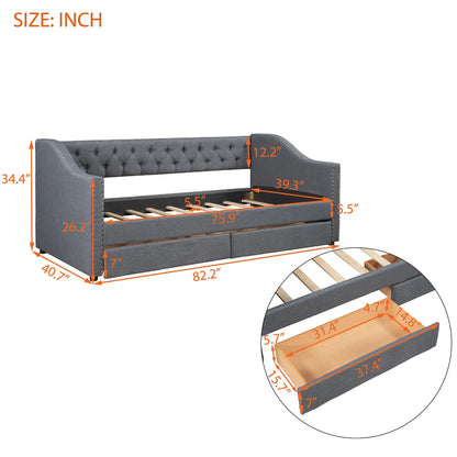 Upholstered Twin Size daybed with Two Drawers Wood Slat Support Gray - Shello's Creative Boutique