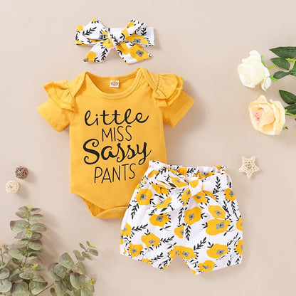 Girls' Spring/Summer Infant/Toddler Short Sleeve Solid Letter Printing Top+Small Flower Printing Trouser Set - Shello's Creative Boutique