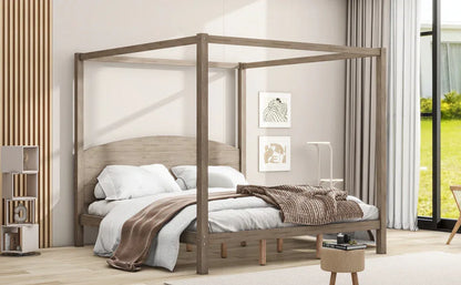 King Size Canopy Platform Bed with Headboard and Support Legs, Brown Wash - Shello's Creative Boutique