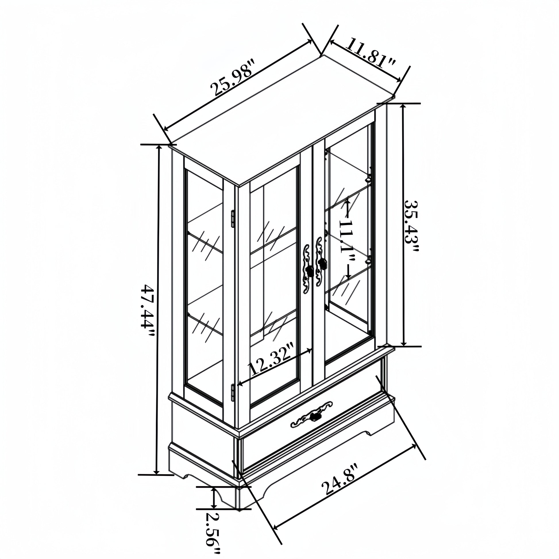 Light colored glass cabinet Curio display cabinet with adjustable glass frame, 2 doors and 1 drawer, including white light bulbs eprolo
