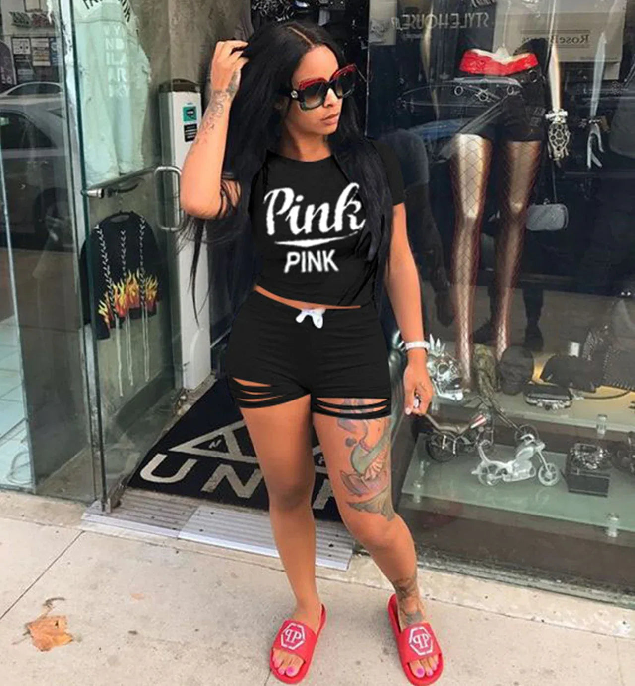 Pink Letter Print 2 Piece Set Tracksuit Women Top And Hollow Pants Casual Outfit Sweatshirts Two Pcs Sportwear 3XL Dropship - Shello's Creative Boutique