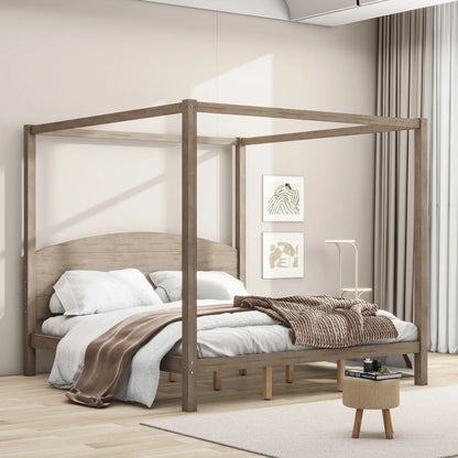 King Size Canopy Platform Bed with Headboard and Support Legs, Brown Wash - Shello's Creative Boutique