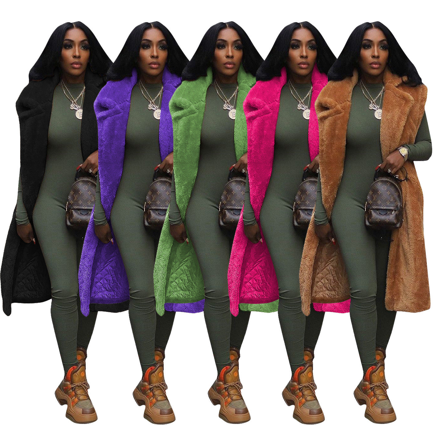 New women's casual solid color plush sleeveless long cardigan jacket eprolo