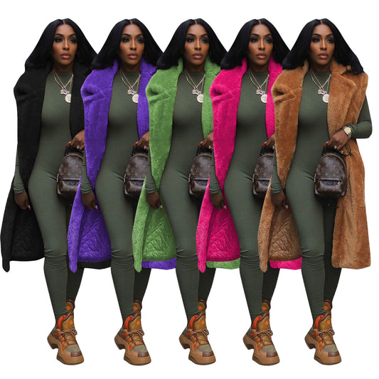 New women's casual solid color plush sleeveless long cardigan jacket eprolo