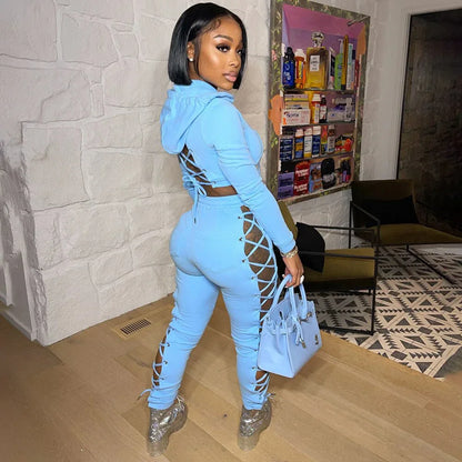 Autumn Women Tracksuit Two Piece Set Backless Hollow Out Bandage Solid Color Party Night Clubwear Sportsuit Clothes For Women - Shello's Creative Boutique