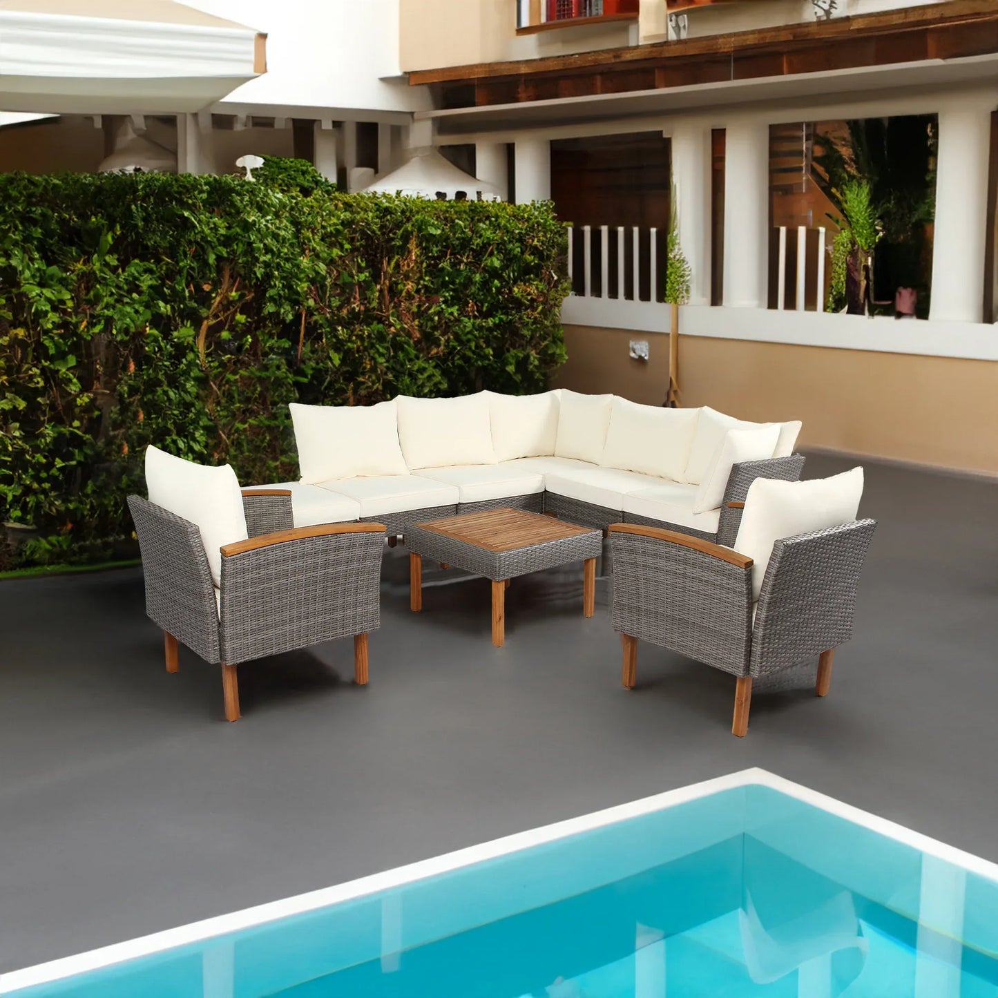 9-piece Patio rattan furniture set with Acacia wooden legs and tabletop sofa set, coffee table washable cushion beige - Shello's Creative Boutique