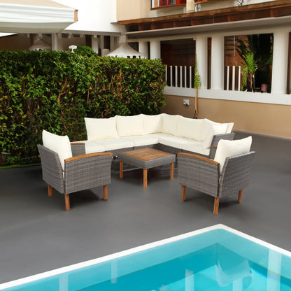 9-piece Patio rattan furniture set with Acacia wooden legs and tabletop sofa set, coffee table washable cushion beige - Shello's Creative Boutique