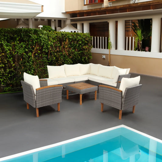 9-piece Patio rattan furniture set with Acacia wooden legs and tabletop sofa set, coffee table washable cushion beige - Shello's Creative Boutique