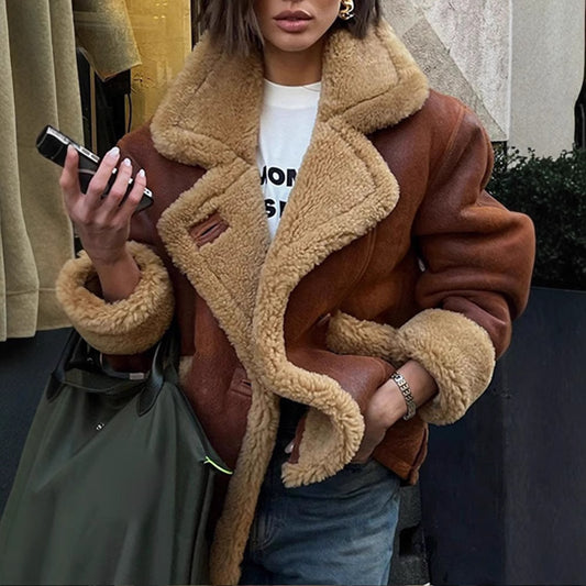 European and American collar long sleeved fur one-piece jacket, autumn and winter lamb wool loose and warm comfortable casual jacket eprolo