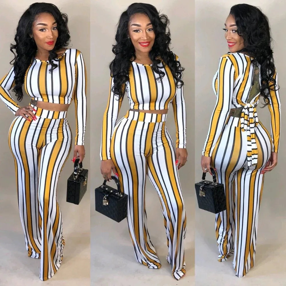 Sexy 2 two piece set top and pants autumn outfits tracksuit women long sleeve wide leg pants striped print - Shello's Creative Boutique