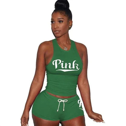 Letters Print Tank Top Shorts Two Piece Set Round Neck Sexy Sleeveless Women Outfits Summer Sporting 2 Piece Set - Shello's Creative Boutique