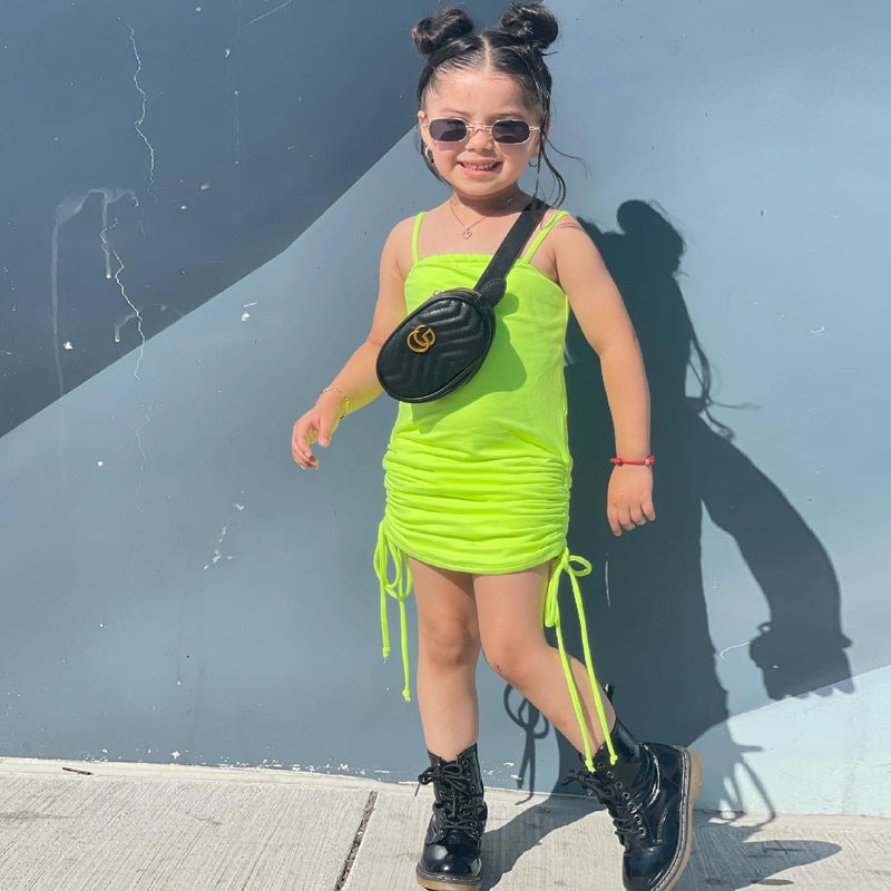 Children's Wear New Ins Wear Girls Sling Drawstring Dress European And American Girls eprolo