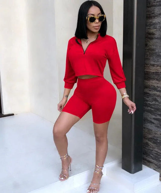 Women Sets Two Piece Sets Crop Top Turn Collar Plus High Waist Pencil Short Pants - Shello's Creative Boutique