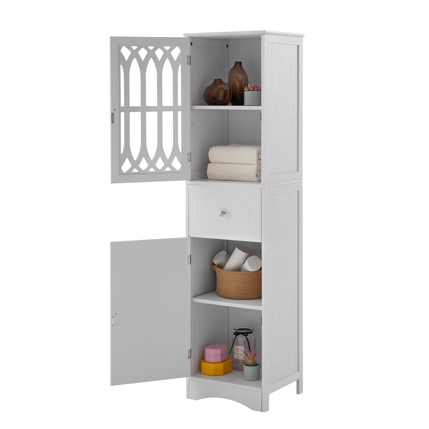 Tall Bathroom Cabinet, Freestanding Storage Cabinet with Drawer and Doors, MDF Board, Acrylic Door, Adjustable Shelf, White eprolo