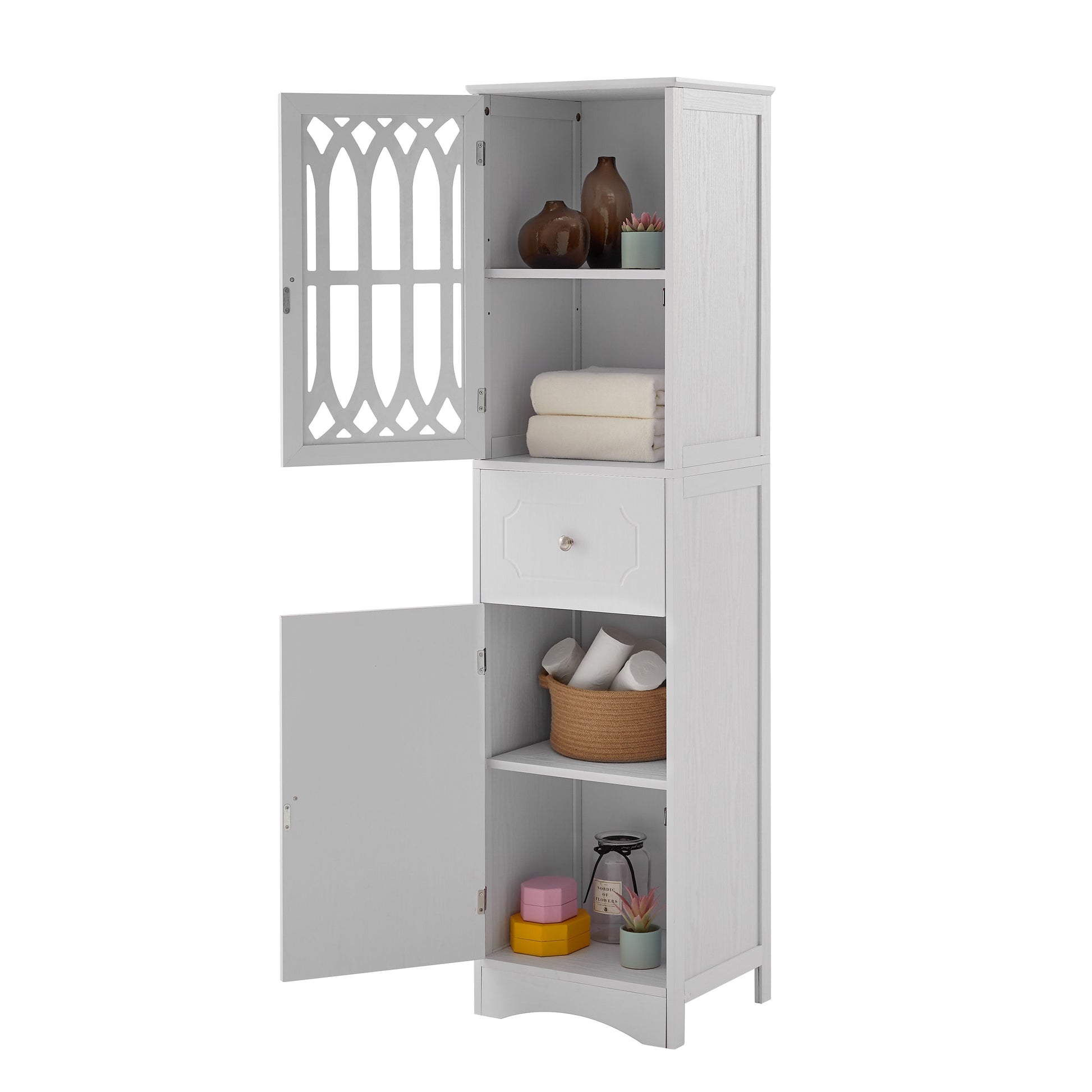 Tall Bathroom Cabinet, Freestanding Storage Cabinet with Drawer and Doors, MDF Board, Acrylic Door, Adjustable Shelf, White eprolo