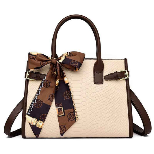 Genuine Leather Women's Briefcase - Commuting Style Bag in Embossed Snakeskin Pattern with Contrasting Color