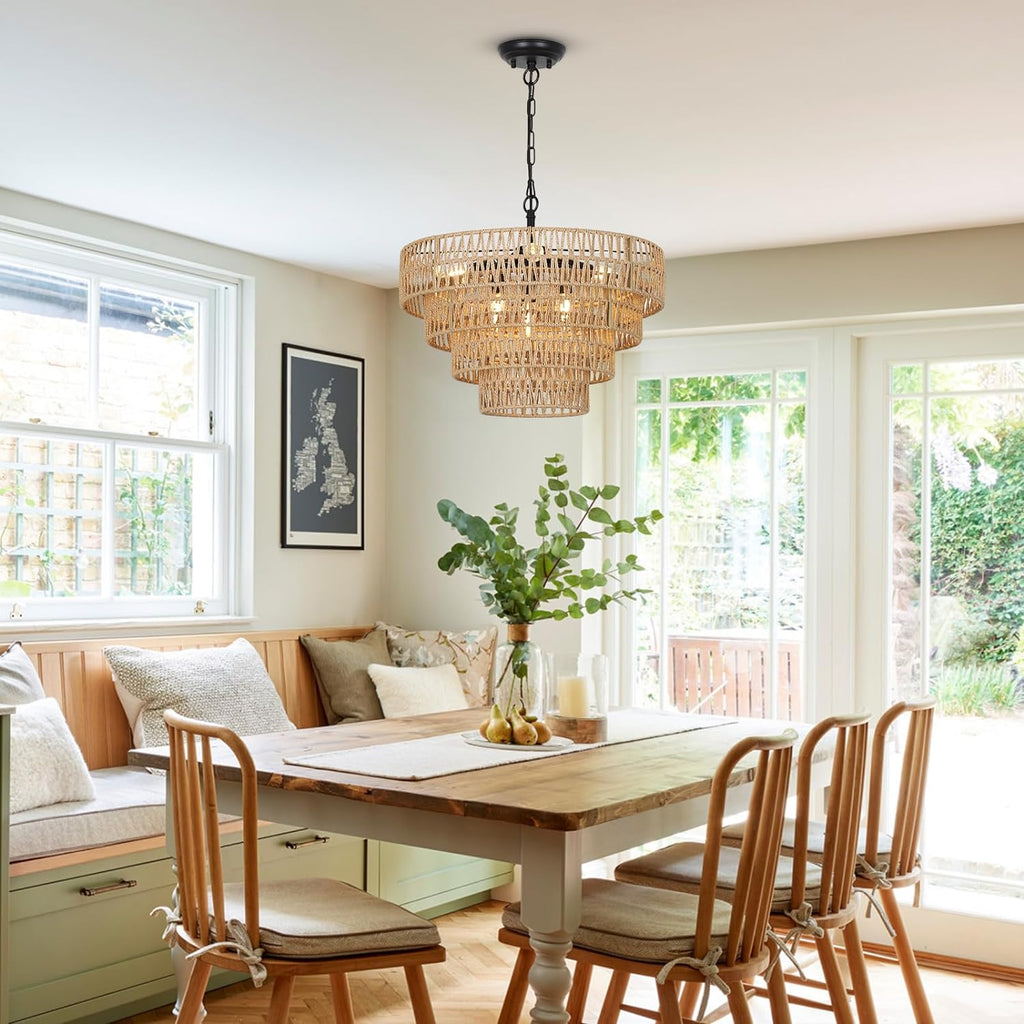 6-Light Dining Room Light Fixture, Wicker Pendant Lighting with 4-Tier Woven Lampshade, Large Farmhouse Chandeliers (20") eprolo