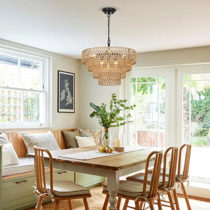 6-Light Dining Room Light Fixture, Wicker Pendant Lighting with 4-Tier Woven Lampshade, Large Farmhouse Chandeliers (20") - Shello's Creative Boutique