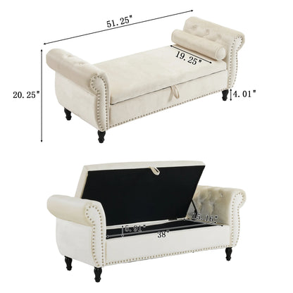 Velvet Multifunctional Storage Rectangular ottoman bench with 1 Pillow, Beige - Shello's Creative Boutique